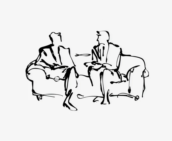 Two people sitting on a sofa in a line drawing style.
